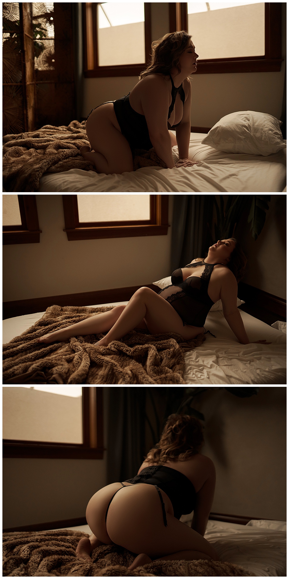 Female lays down on the bed wearing black lingerie for Emma Christine Photography