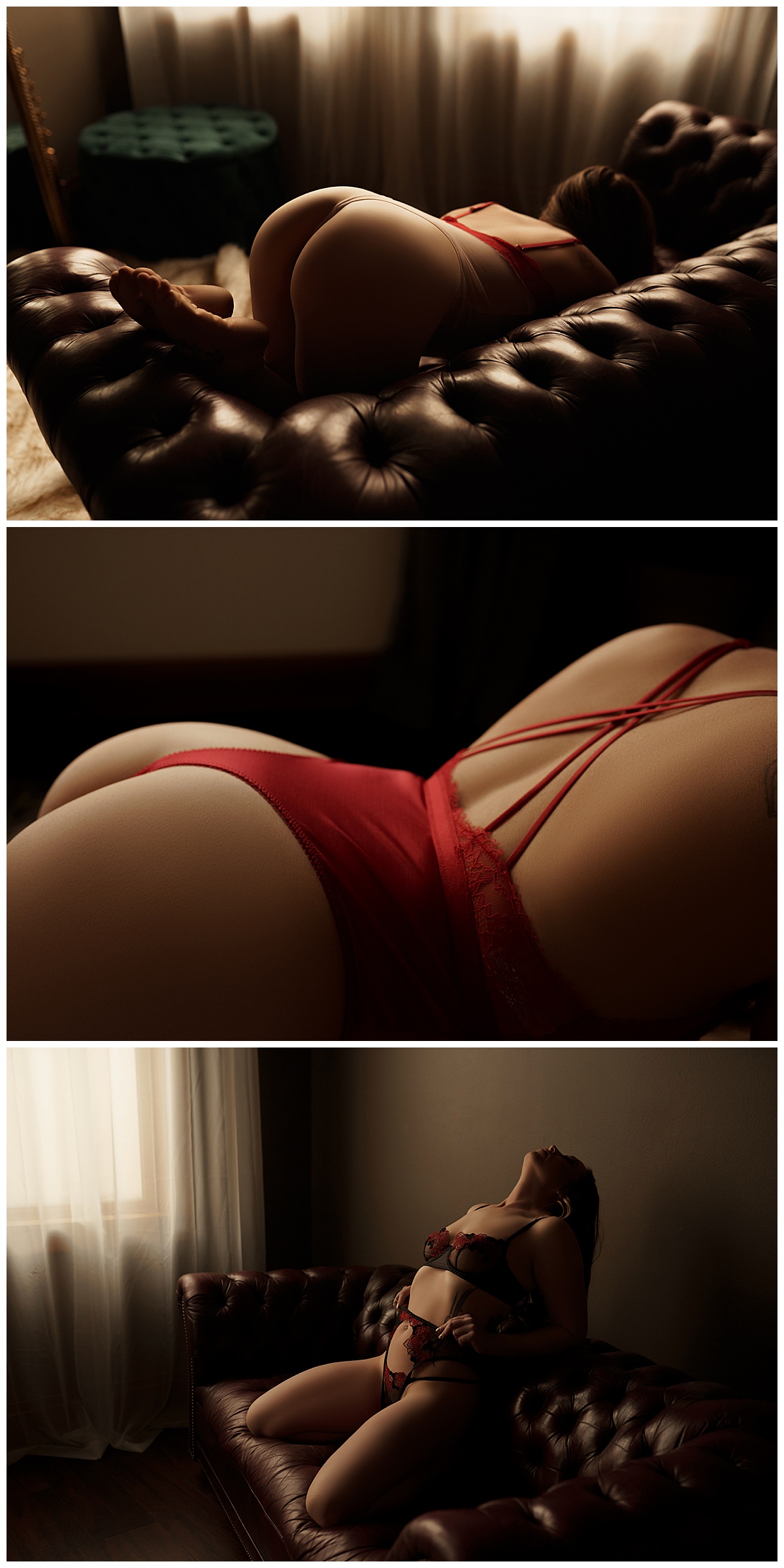 Adult wears red lingerie sitting on the couch for Emma Christine Photography