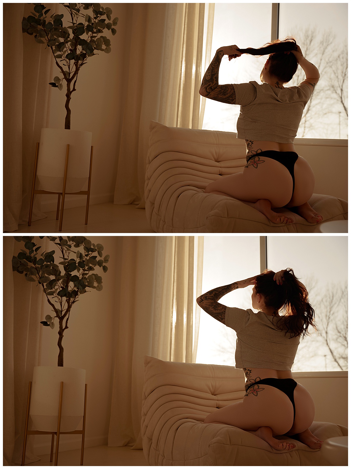 Adult kneels on the couch, pulling her 
 hair up, showing how to use props for your boudoir session