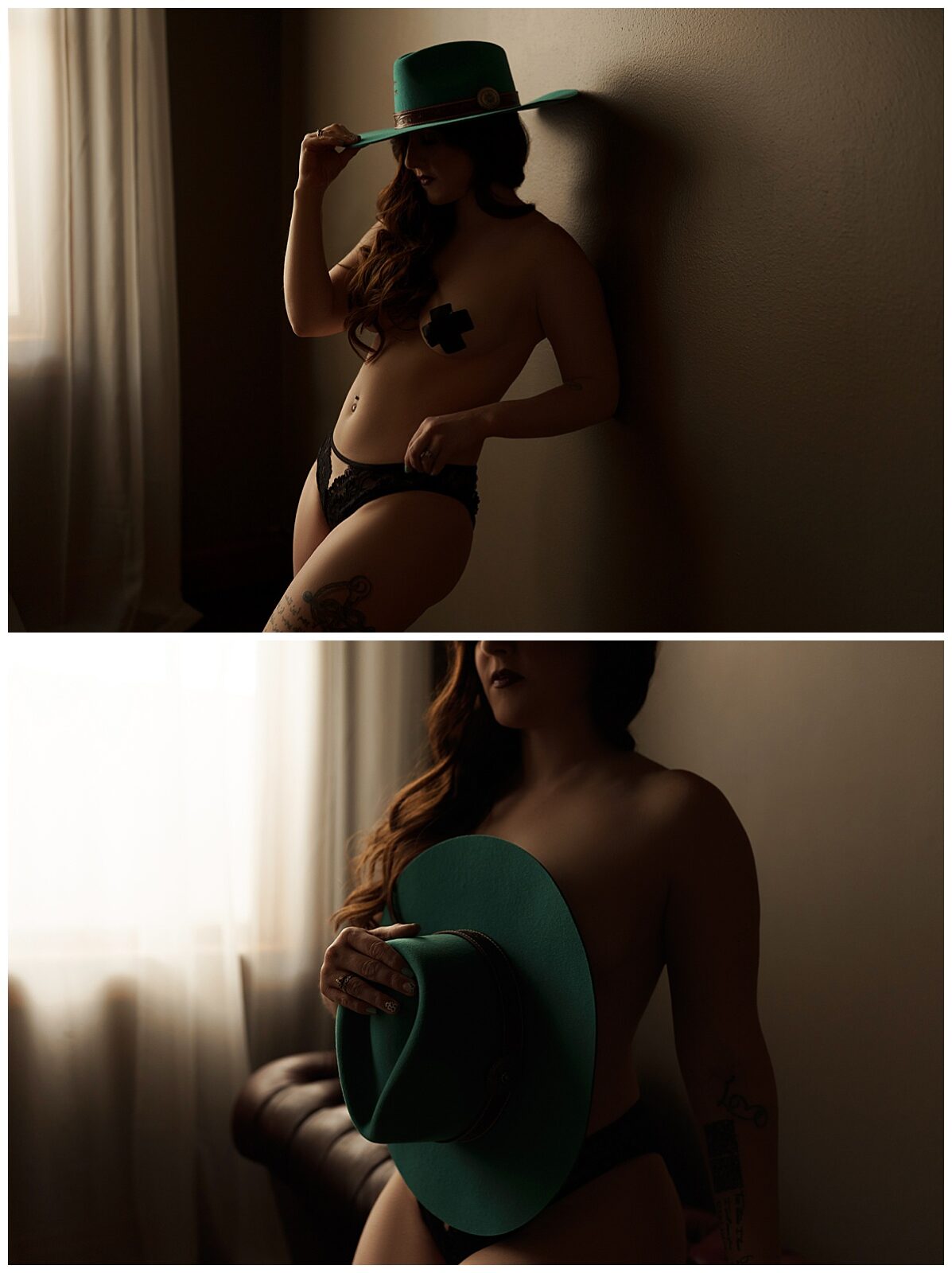 Adult wears her hat and covers her body for Emma Christine Photography