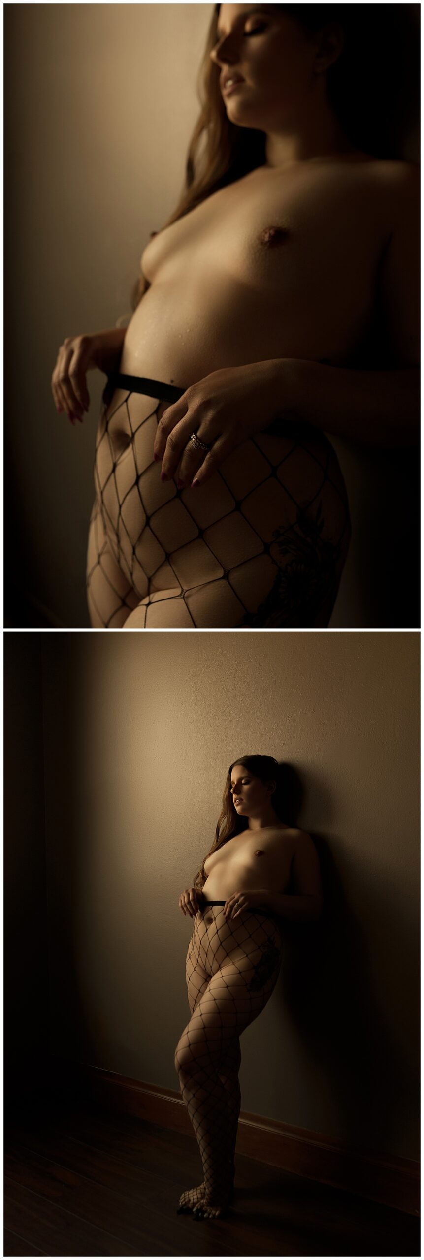 Female leans against a wall for Sioux Falls Boudoir Photographer