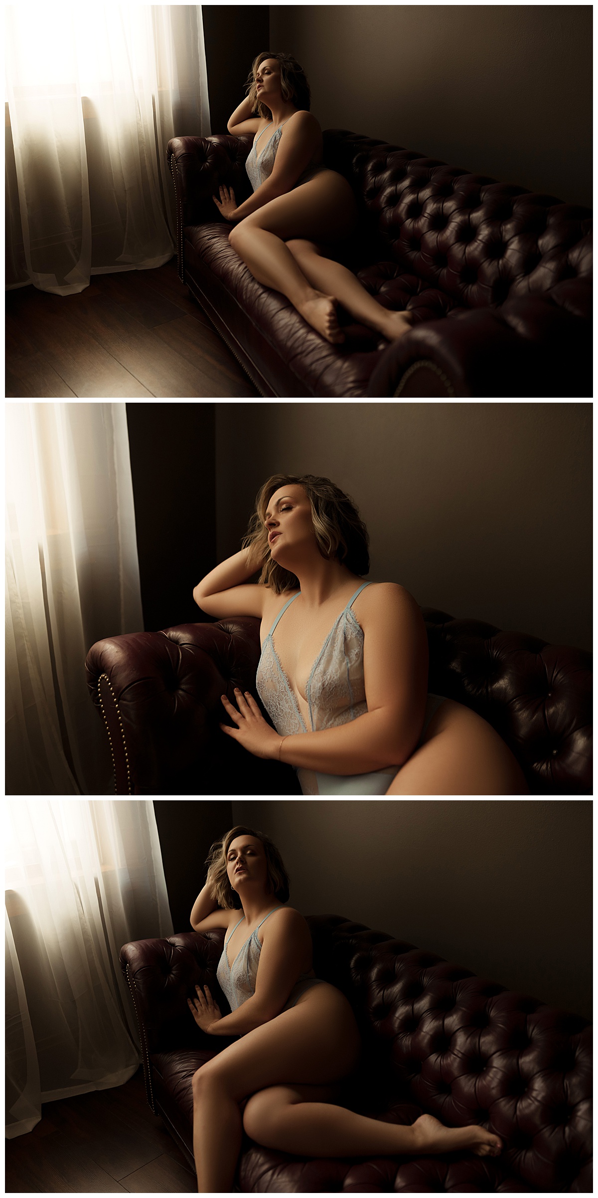 Woman lays against a couch showing how you can go From Insecurity to Empowerment during your boudoir session