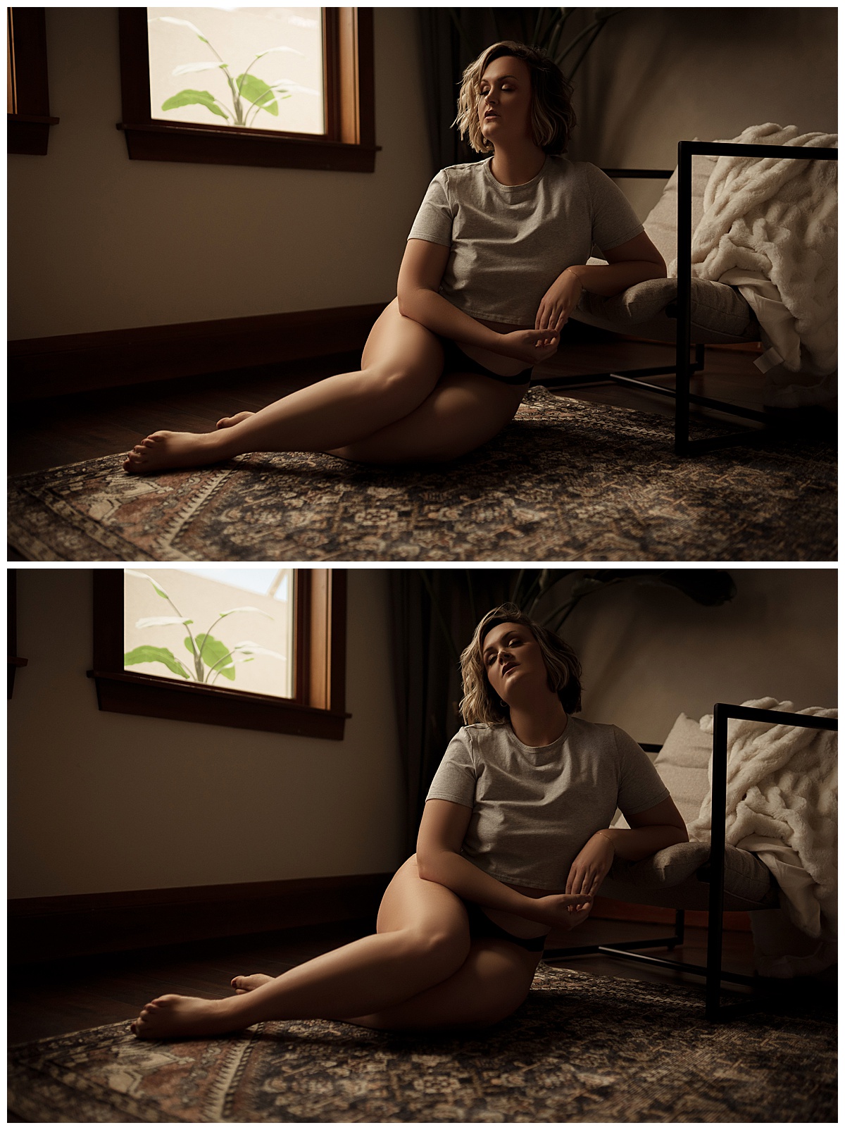 Female wears cozy lingerie while sitting on a chair showing how you can go From Insecurity to Empowerment during a boudoir session