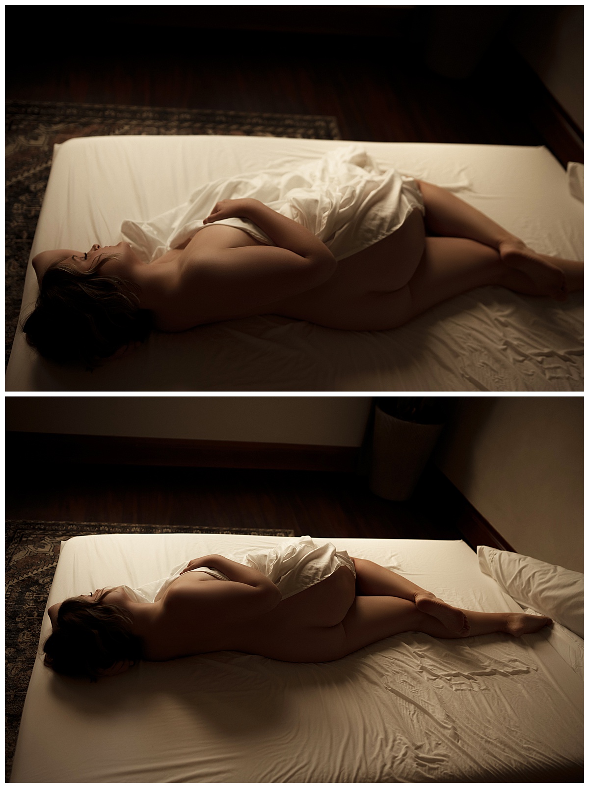 Woman lays on the bed wrapped in a white sheet showing how you can go From Insecurity to Empowerment during your boudoir session