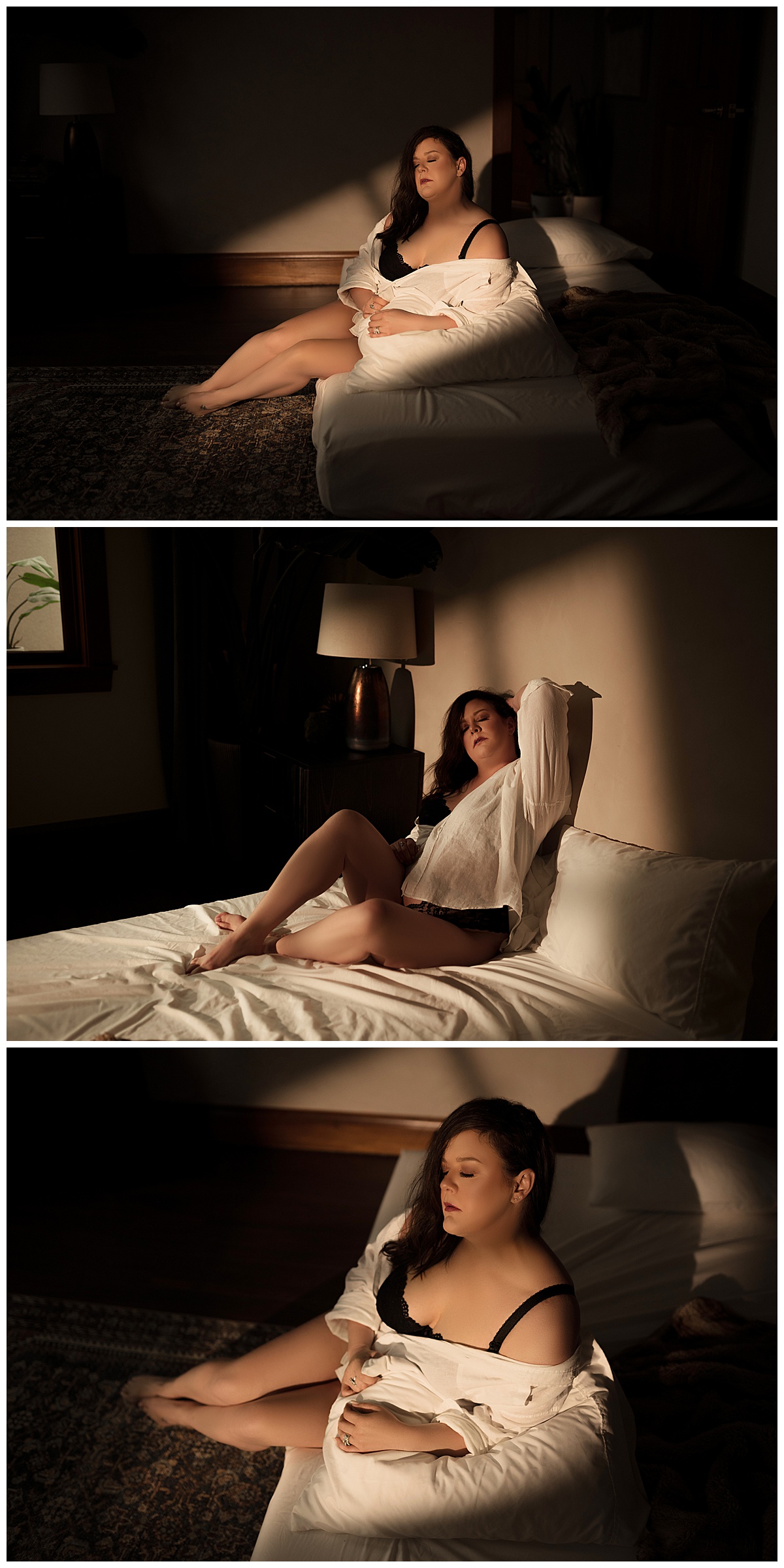 Person sits on the bed wearing lingerie set for Sioux Falls Boudoir Photographer