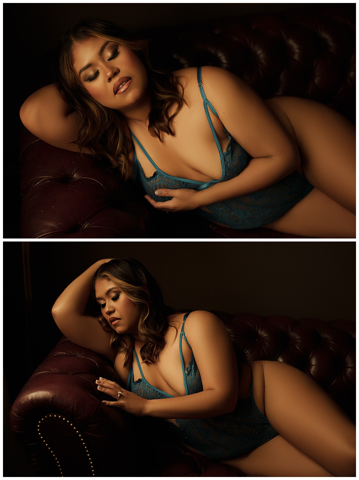 Adult lays on the couch wearing colorful lingerie for Sioux Falls Boudoir Photographer