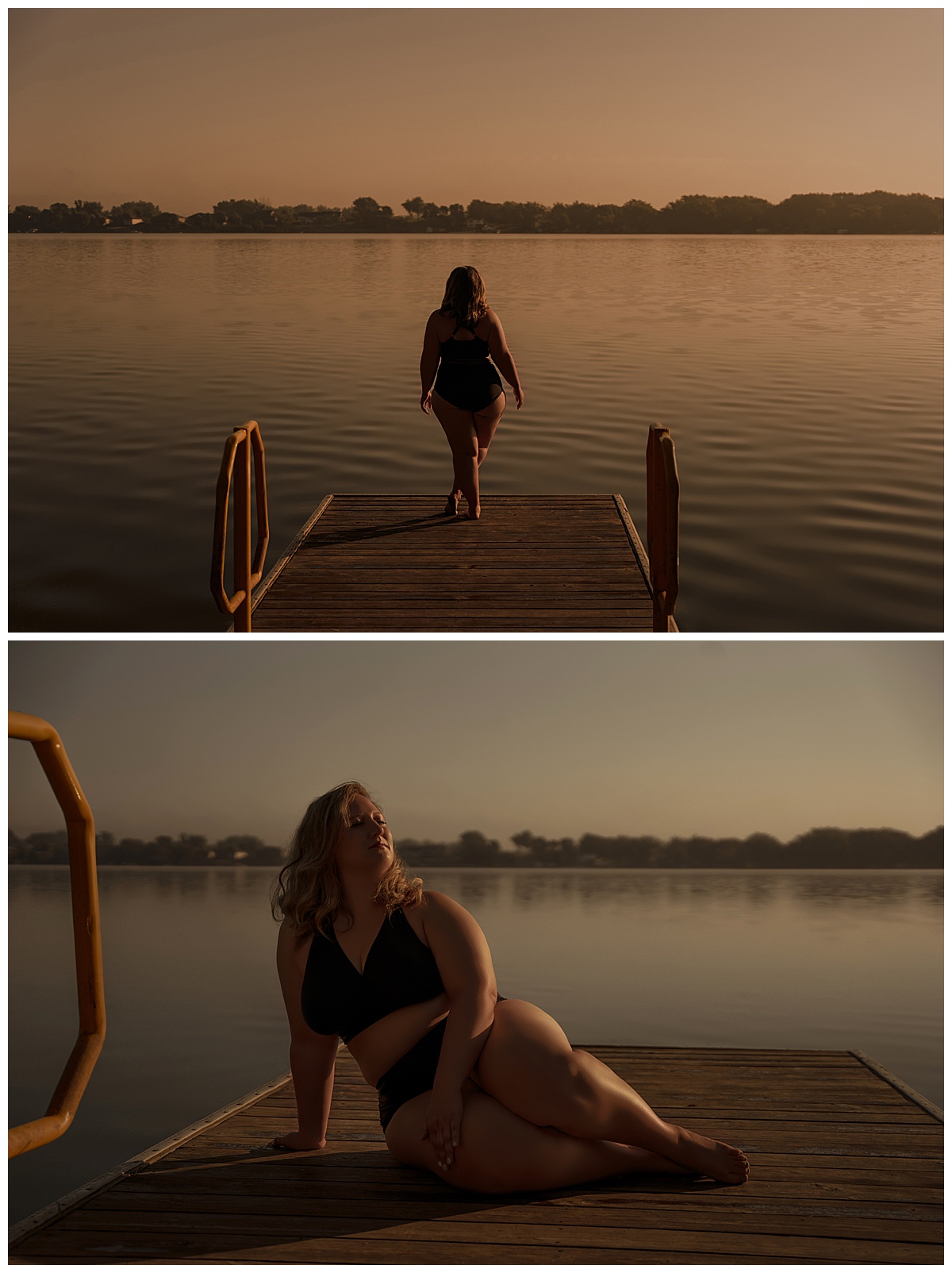 Adult wears bathing suit and walks toward water during a Lakeside Boudoir session