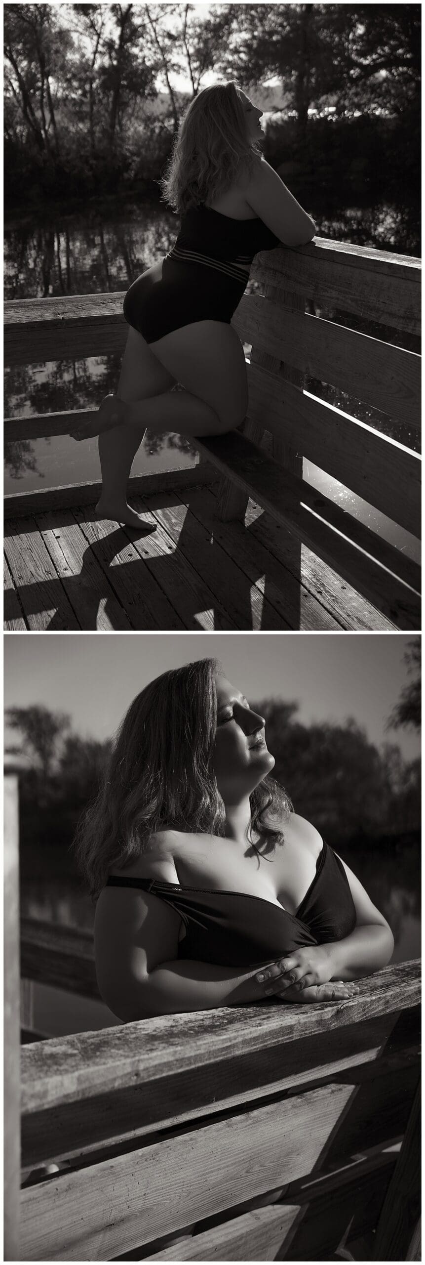 Woman stands on a bridge wearing a bathing suit during a Lakeside Boudoir session