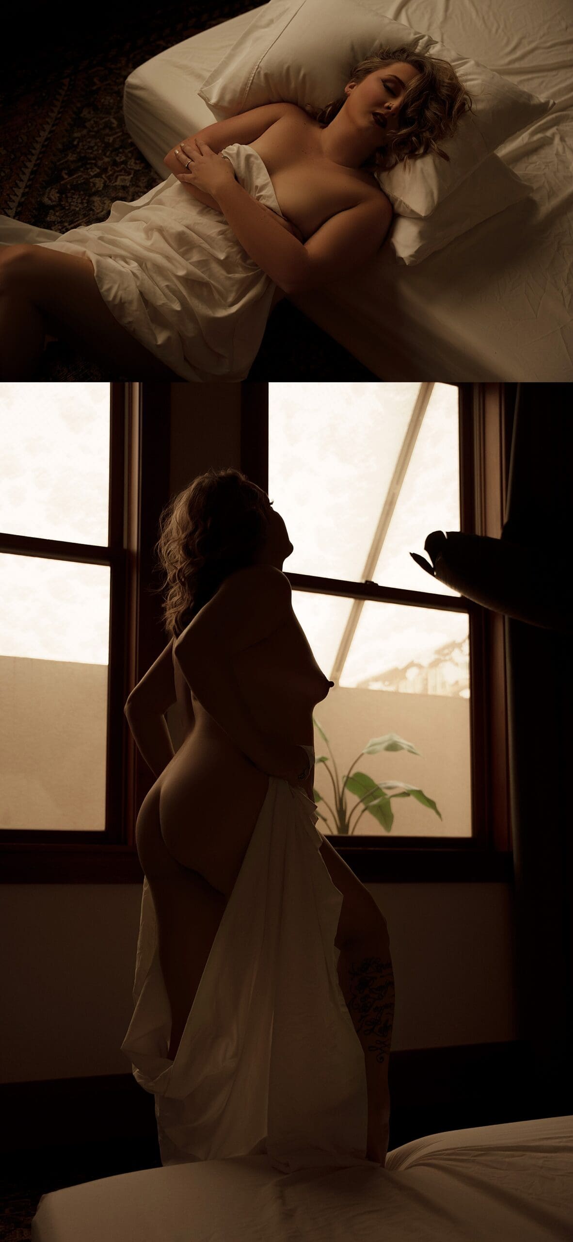 model stands in front of a window holding sheets around her by Sioux Falls Boudoir photographer
