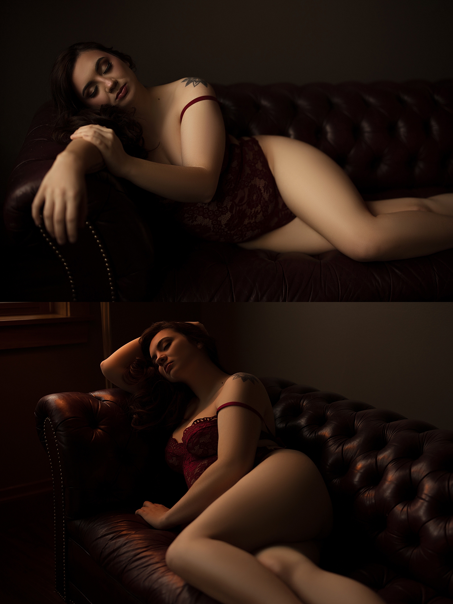 model in red bodysuit lies across a couch by Sioux Falls boudoir photographer
