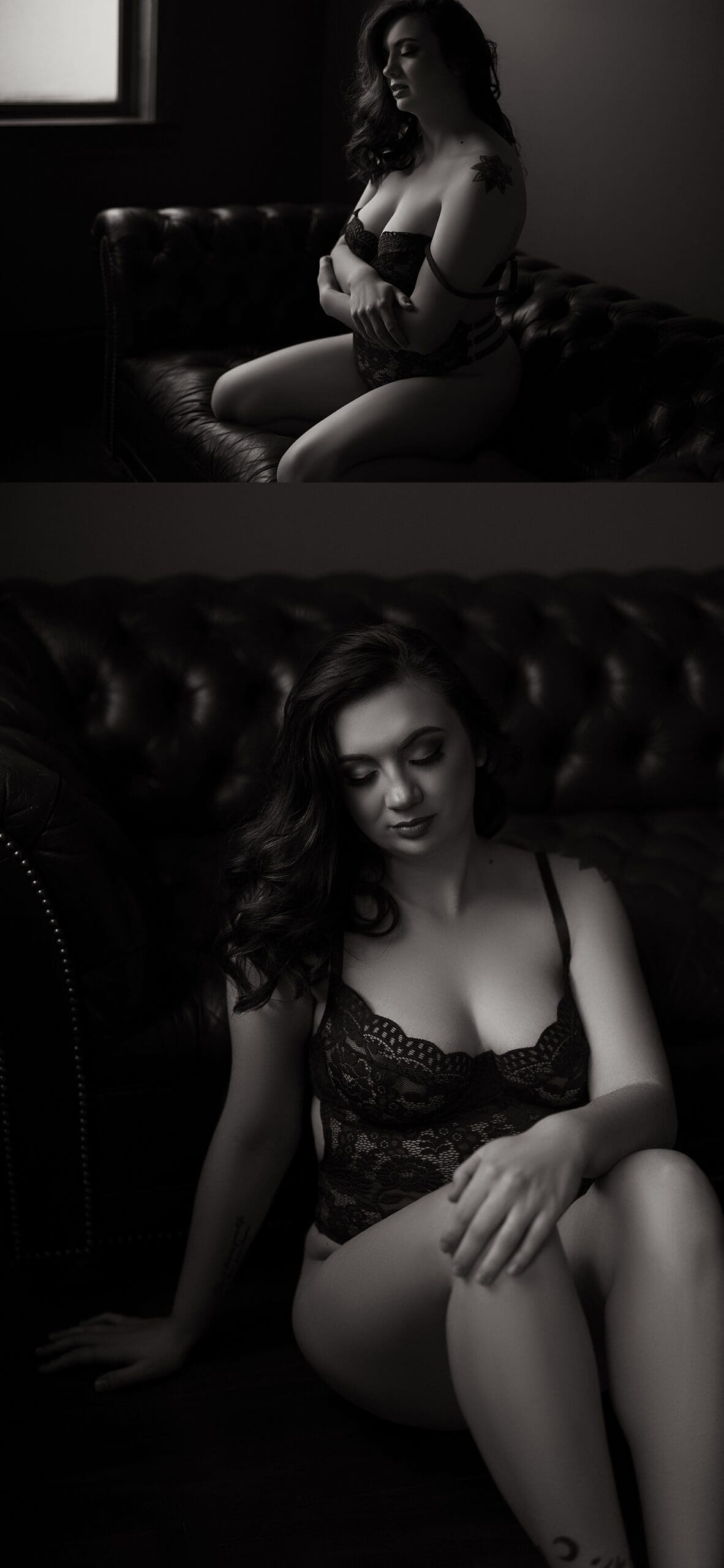 brunette sits on the floor of studio by Emma Christine photography