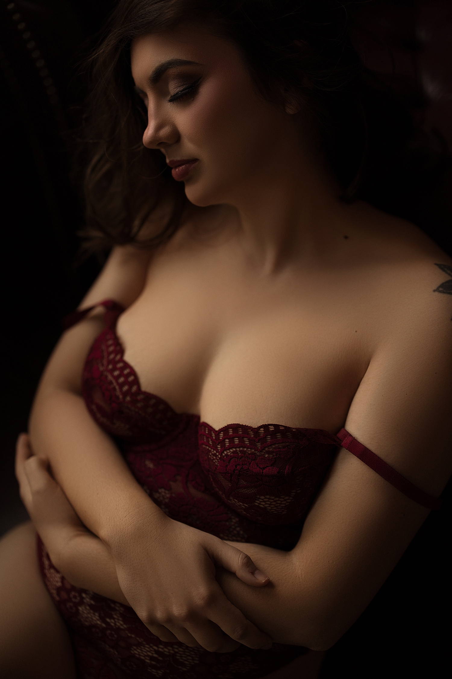 woman in lingerie with straps down by Emma Christine photography