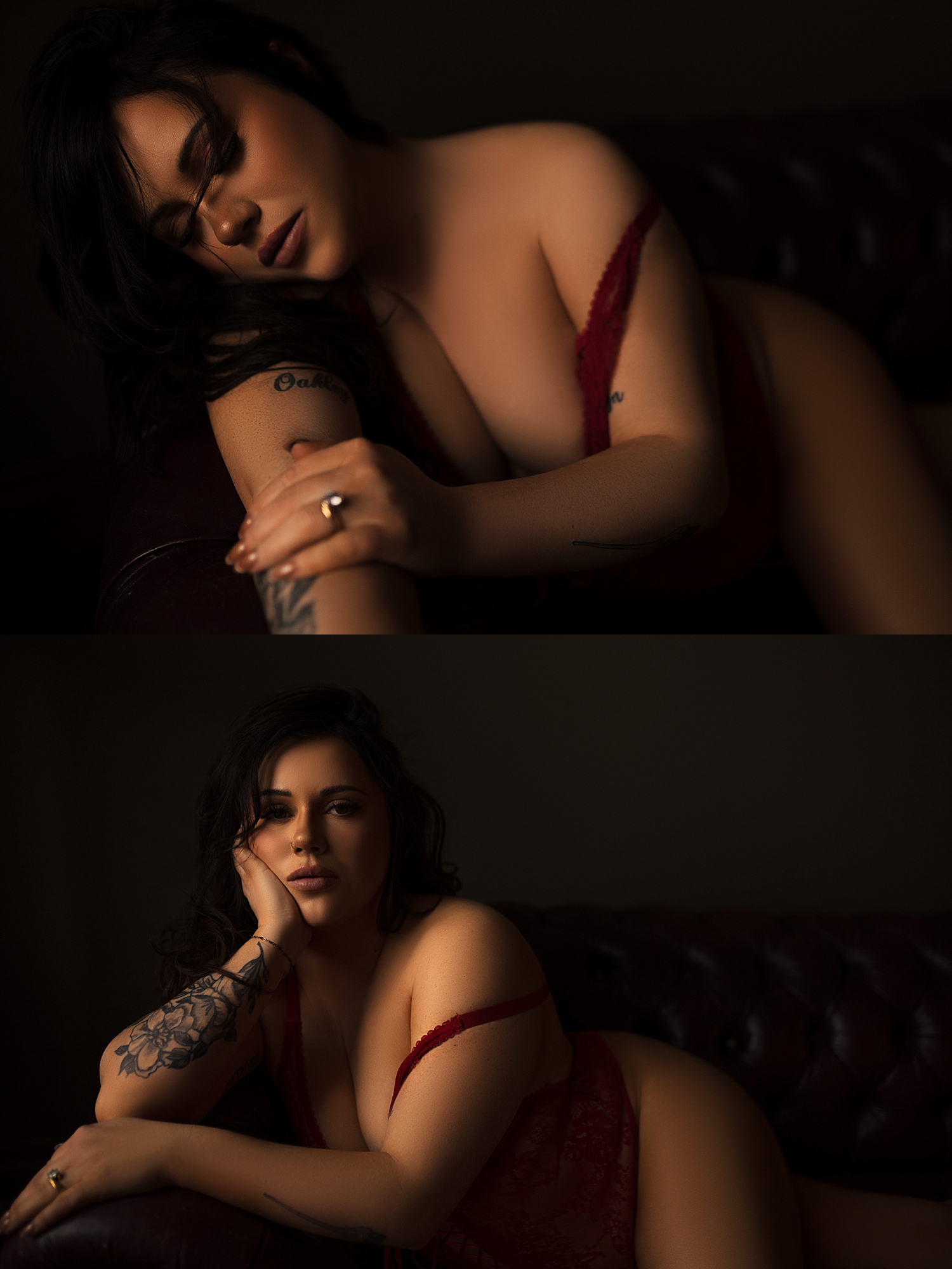 brunette in red lace leans across studio couch by Emma Christine Photography