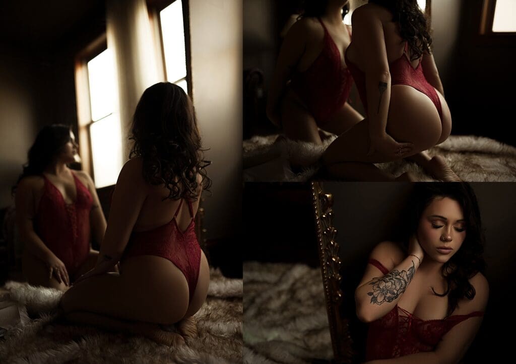 black haired woman on fur rug by Sioux Falls boudoir photographer