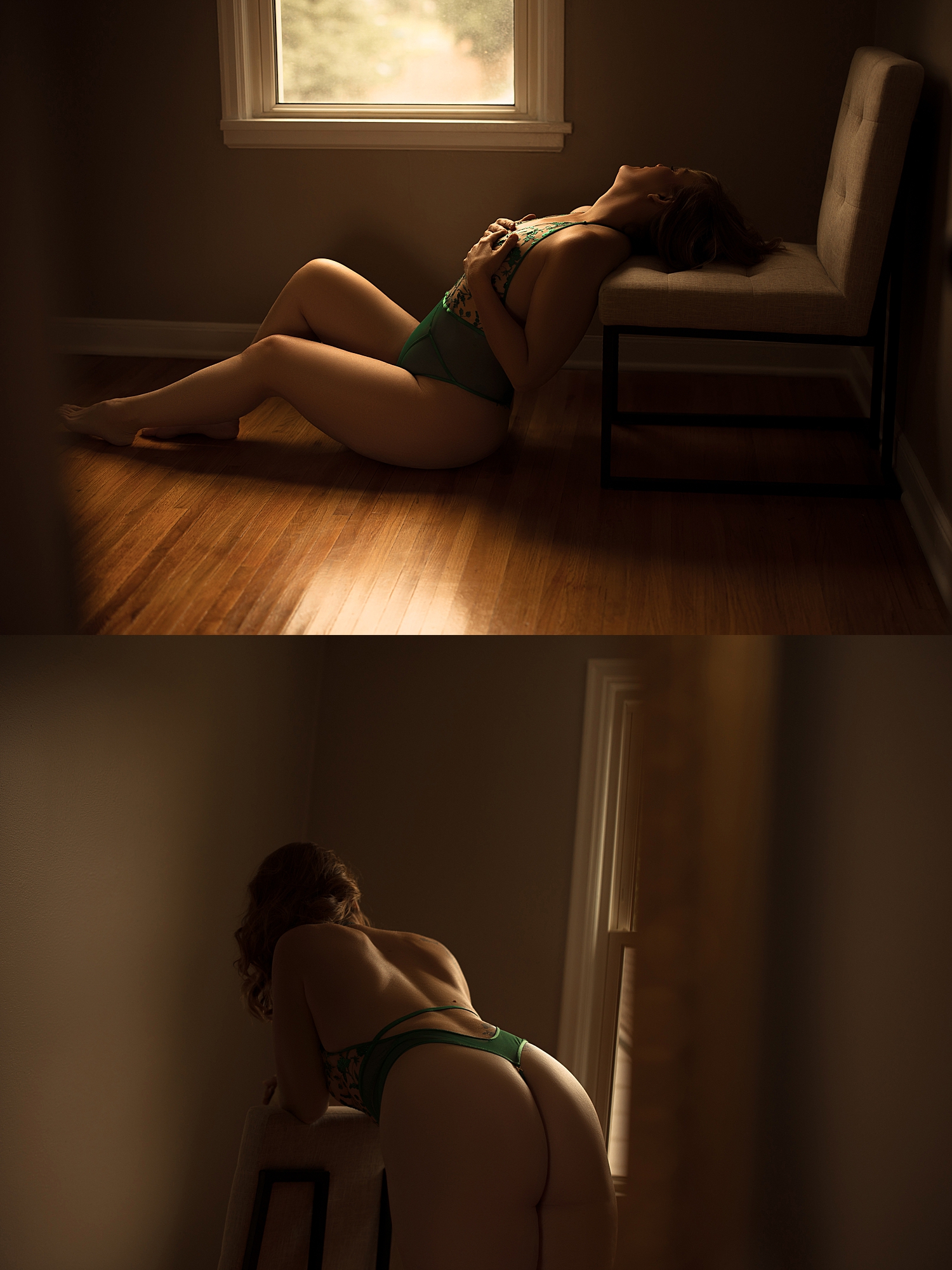 model lies back across chair reminding me why i am a boudoir photographer