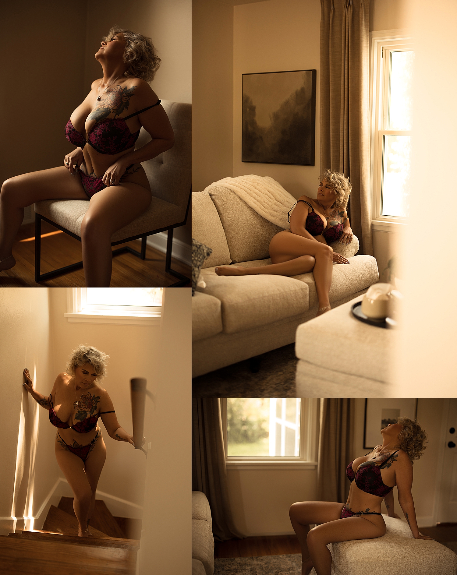 model in deep red wine outfit relaxees in house by Sioux Falls boudoir photographer
