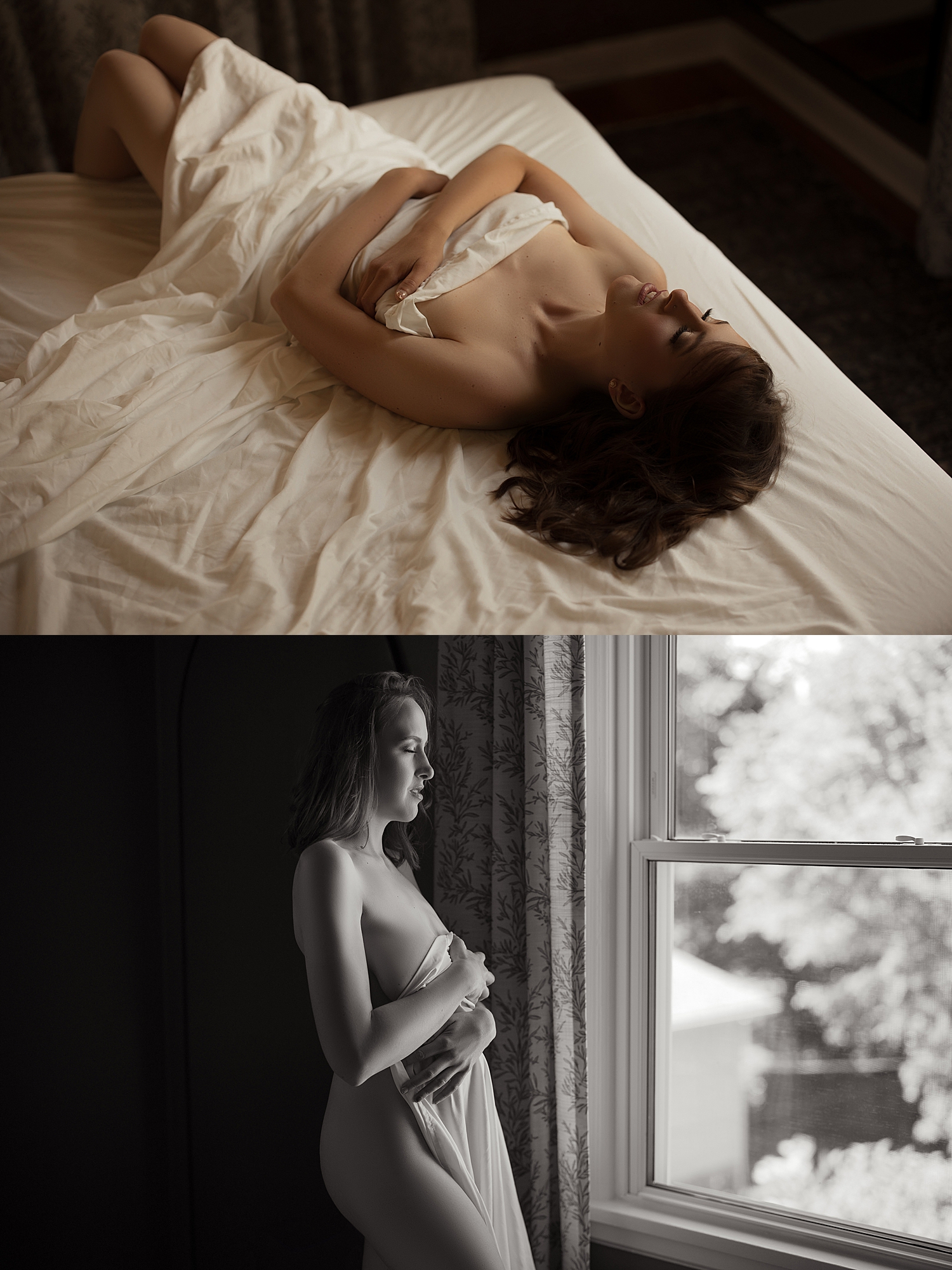 brunette wrapped in a sheet closes her eyes after taking a road trip for your session